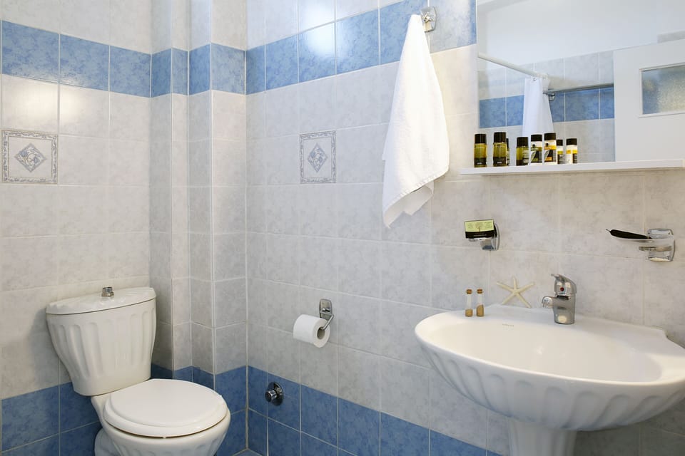 Shower, rainfall showerhead, designer toiletries, hair dryer