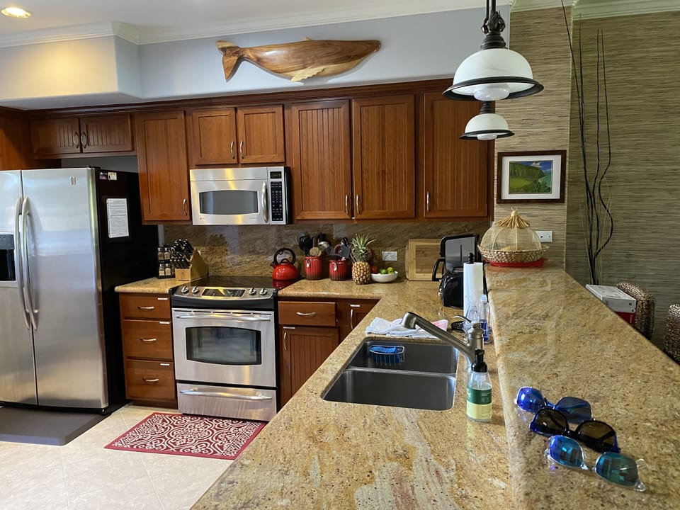 Local Humpback whale art overlooks well-stocked kitchen.