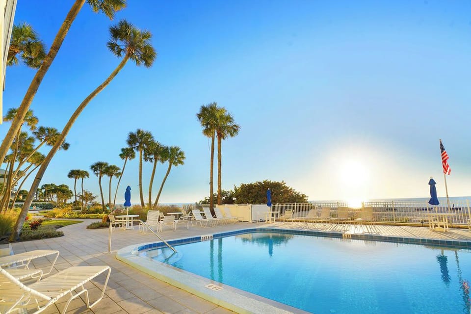 Resort-style oceanfront pool surrounded by palm trees, offering the perfect spot