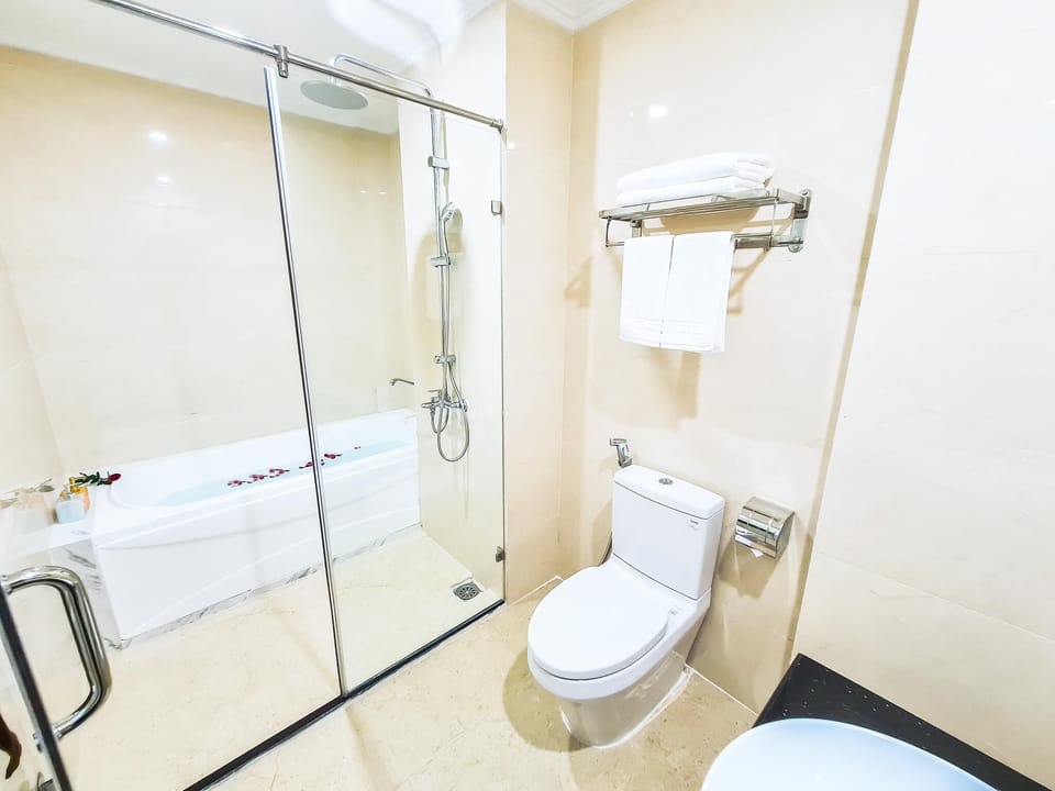 Hair dryer, slippers, bidet, towels