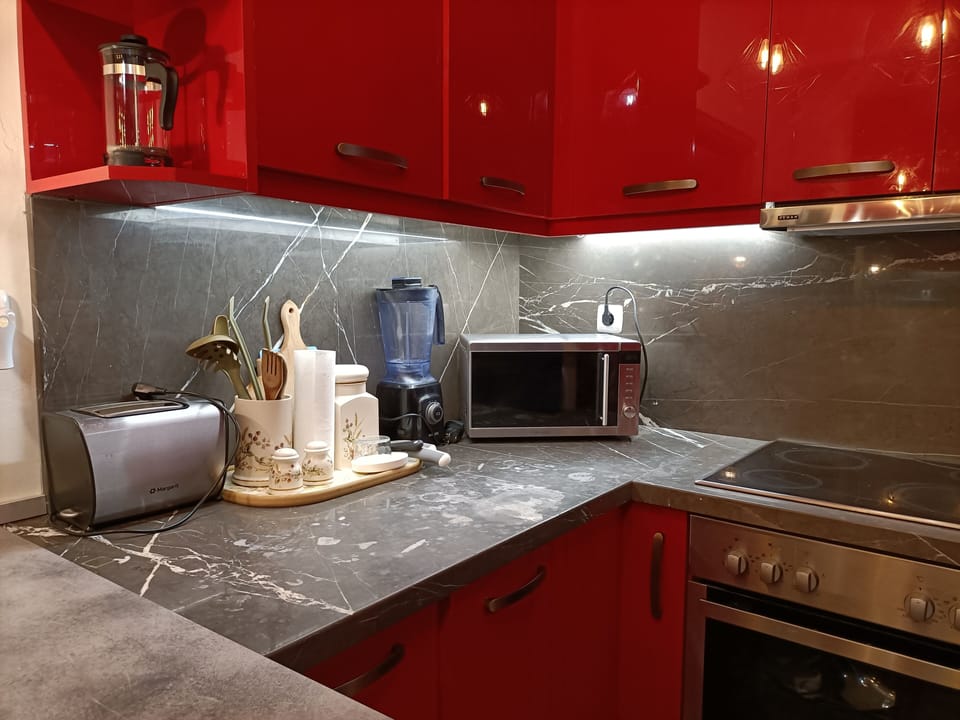 Apartment | Private kitchen | Full-size fridge, microwave, oven, stovetop