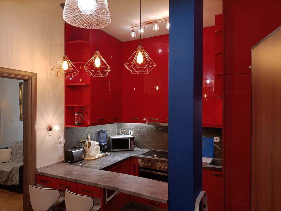 Apartment | Private kitchen | Full-size fridge, microwave, oven, stovetop