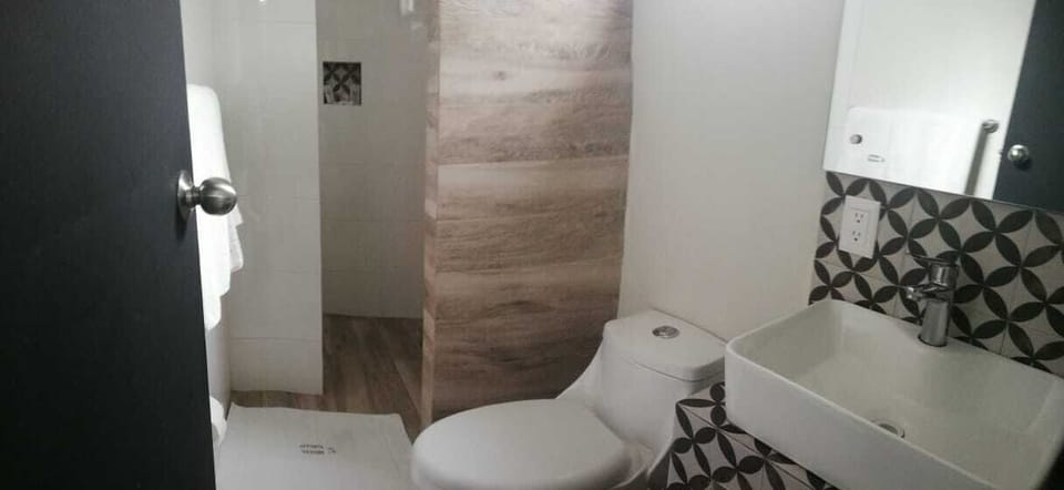 Shower, rainfall showerhead, towels