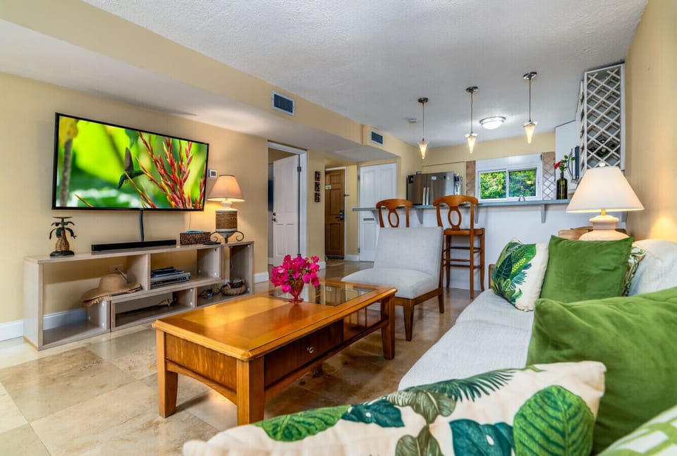The comfy and spacious living room, with ice cold AC and a flat screen TV.