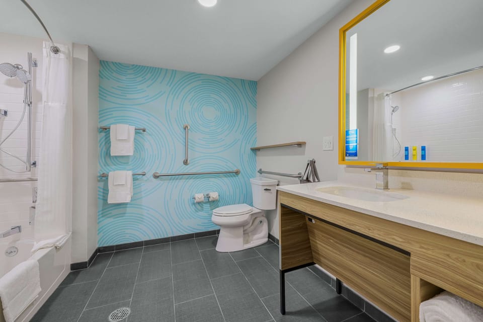 Hair dryer, towels, soap, shampoo