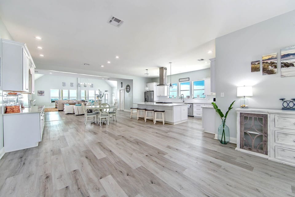 This gives a view of the kitchen and living area.