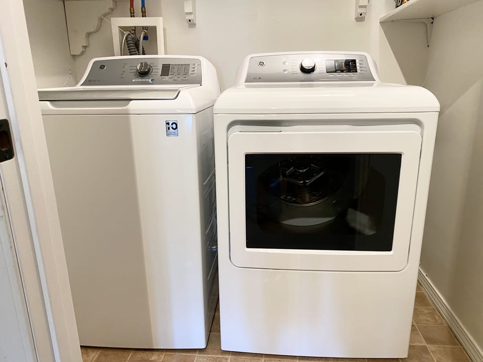 Washer and dryer available for your use. We provide laundry detergent and dryer sheets