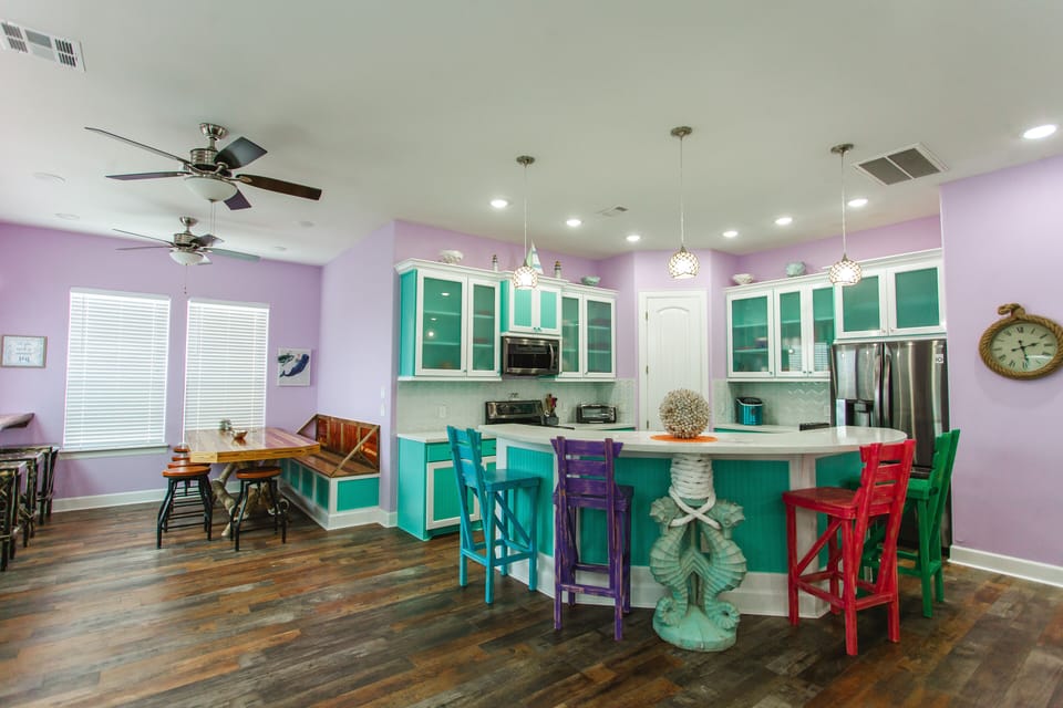 View from the living room overlooking the kitchen & dining room