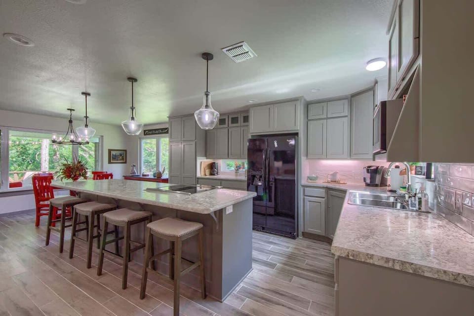 Open concept kitchen with island seating.