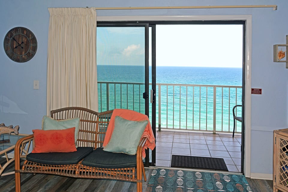 Living area with a beach view.