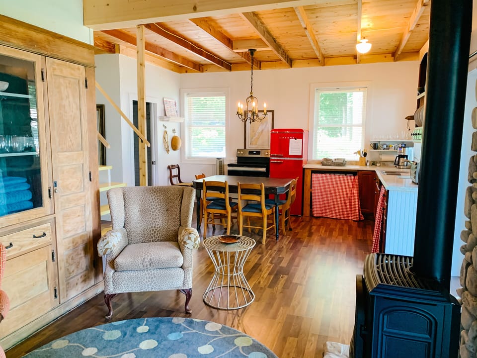 small sitting area and gas stove for ambience and heat.