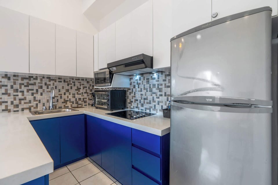 Full-size fridge, microwave, stovetop, coffee/tea maker