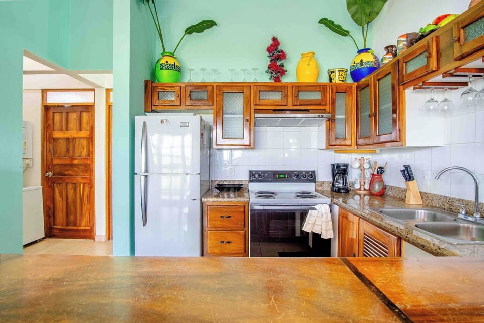 Full-size fridge, stovetop, dishwasher, coffee/tea maker