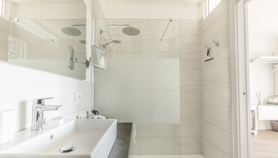 Shower, rainfall showerhead, hair dryer, bathrobes