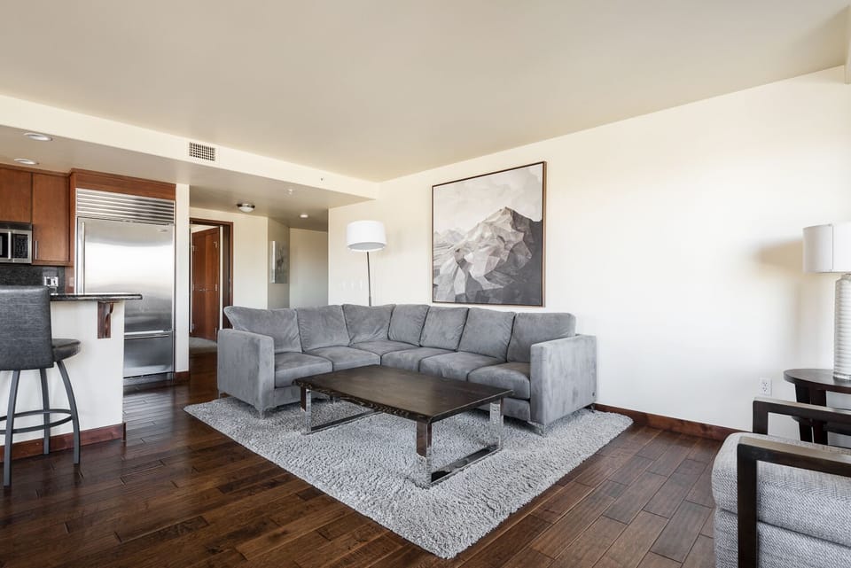 Suede gray sectional couch in the living room