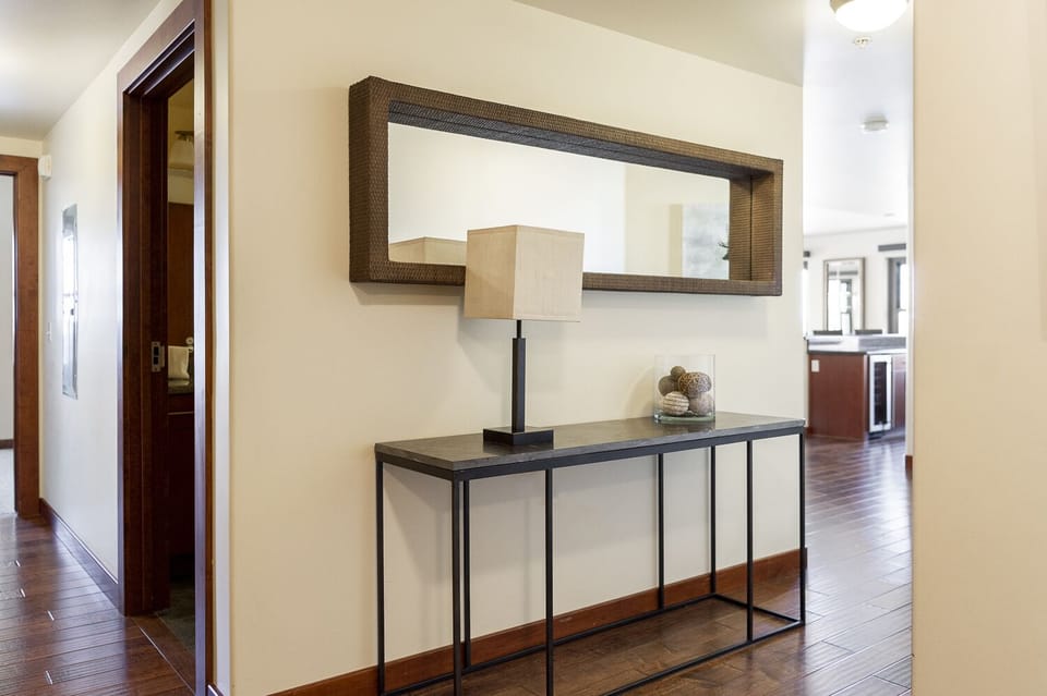 Lowell 201 entryway table and large horizontal wall mirror