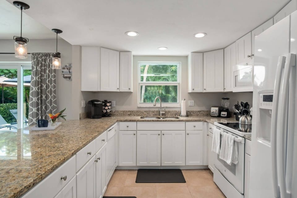 Ample counterspace and cabinet storage makes meal prep a breeze.