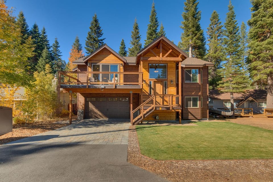 - Stunning Tahoe cabin with rustic charm  
- Beautiful wood exterior and large deck  
- Perfect mountain getaway near lake and ski resorts