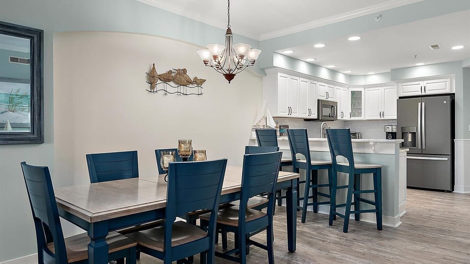Seating for six with additional three stools at the counter