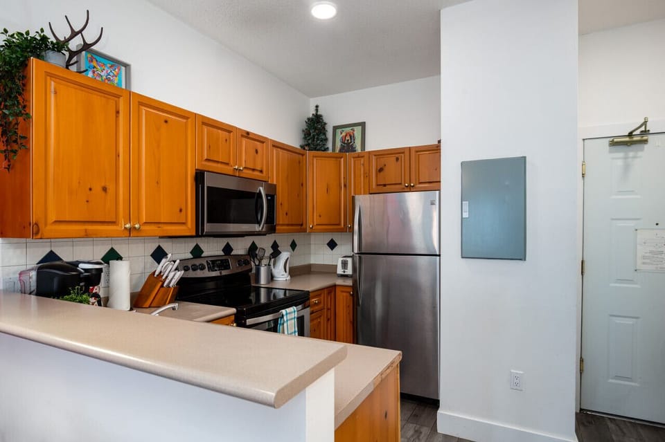 Stainless steel kitchen with a stove, microwave, fridge, and dishwasher.   A waffle maker, coffee maker, electric kettle and blender are also available.   Basic ingredients have been stocked.
