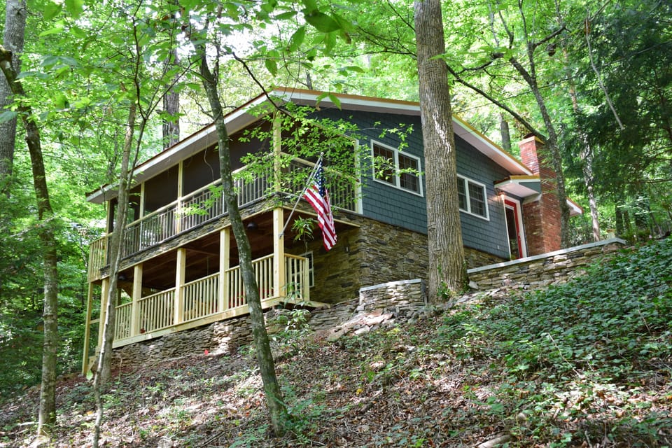 Surrounded by trees and 50’ from Cane Creek. 