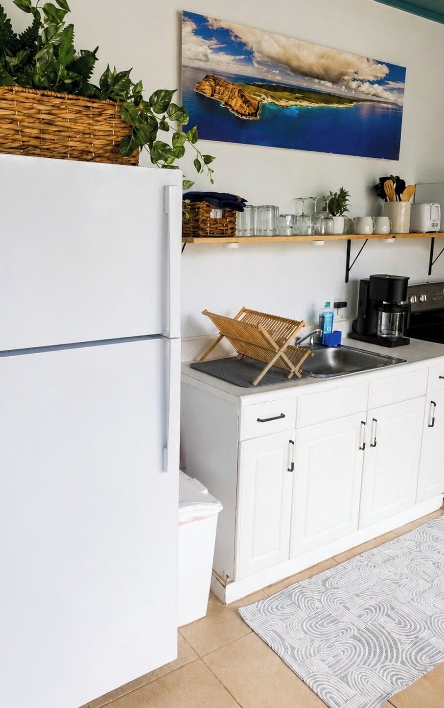 Full refrigerator, coffee maker, electric stove/oven, microwave