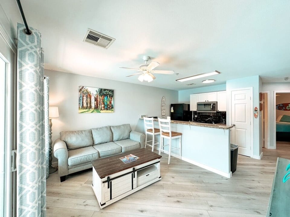 The coastal decor is light and airy. Pool View