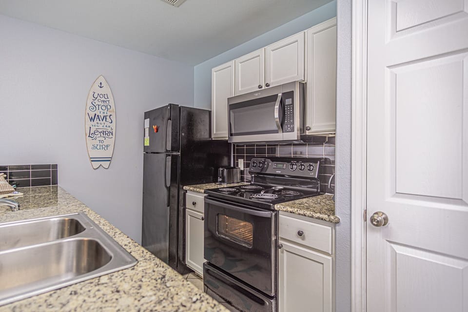 The appliances are full-size and the pantry is large enough to store plenty of food during your stay.