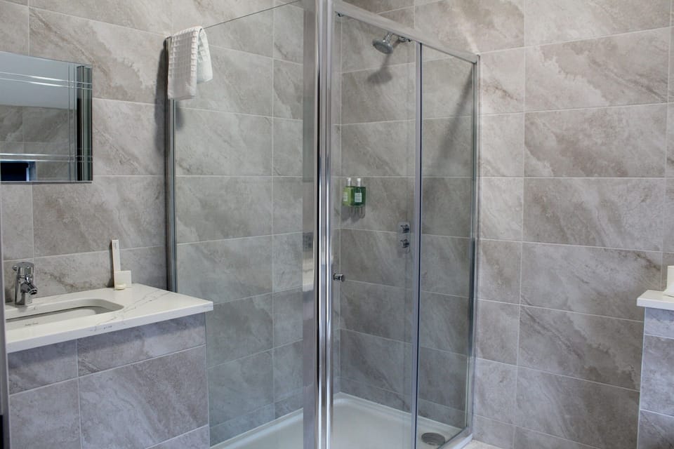 Shower, hair dryer, towels, toilet paper