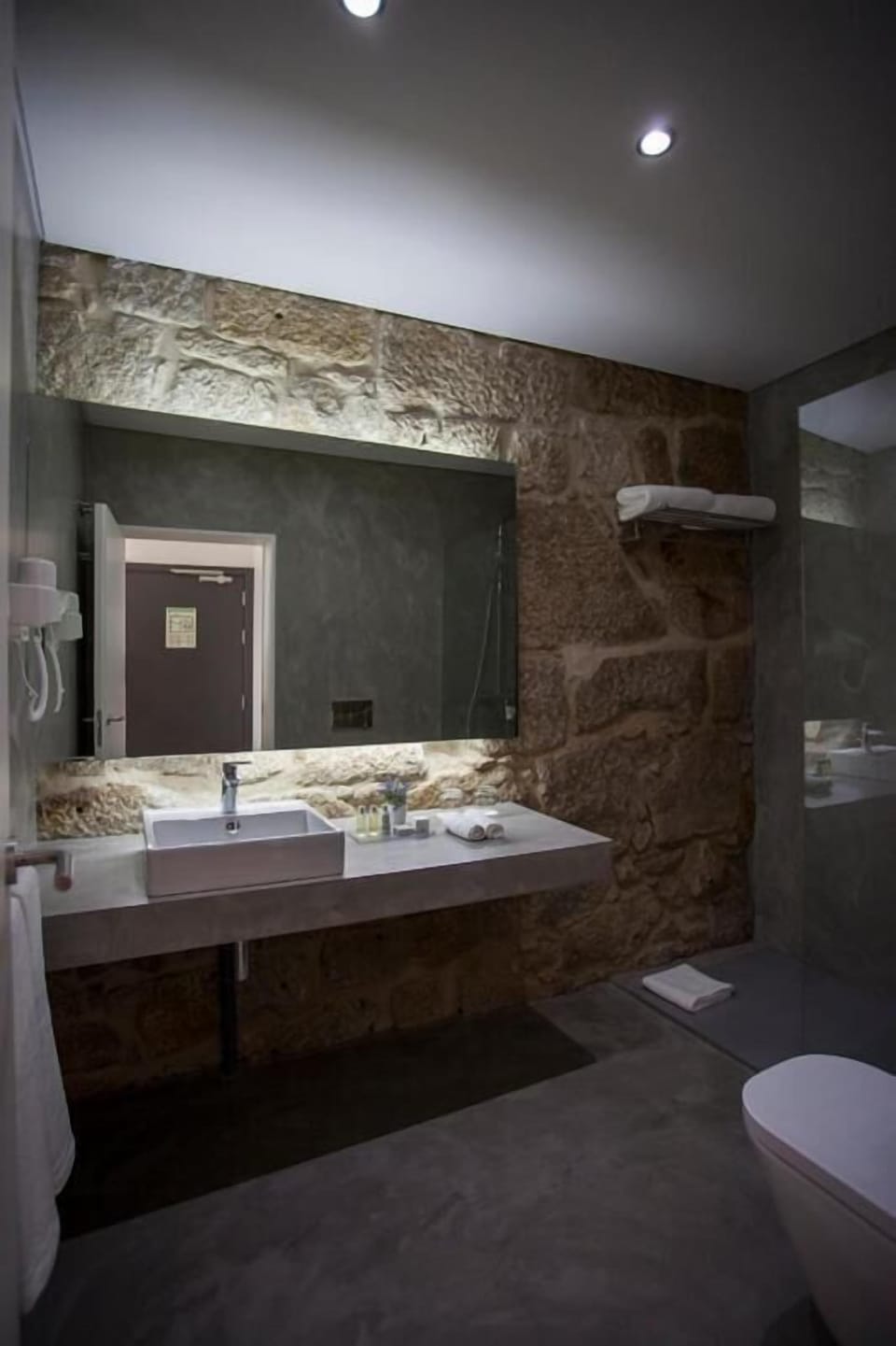 Shower, rainfall showerhead, designer toiletries, hair dryer