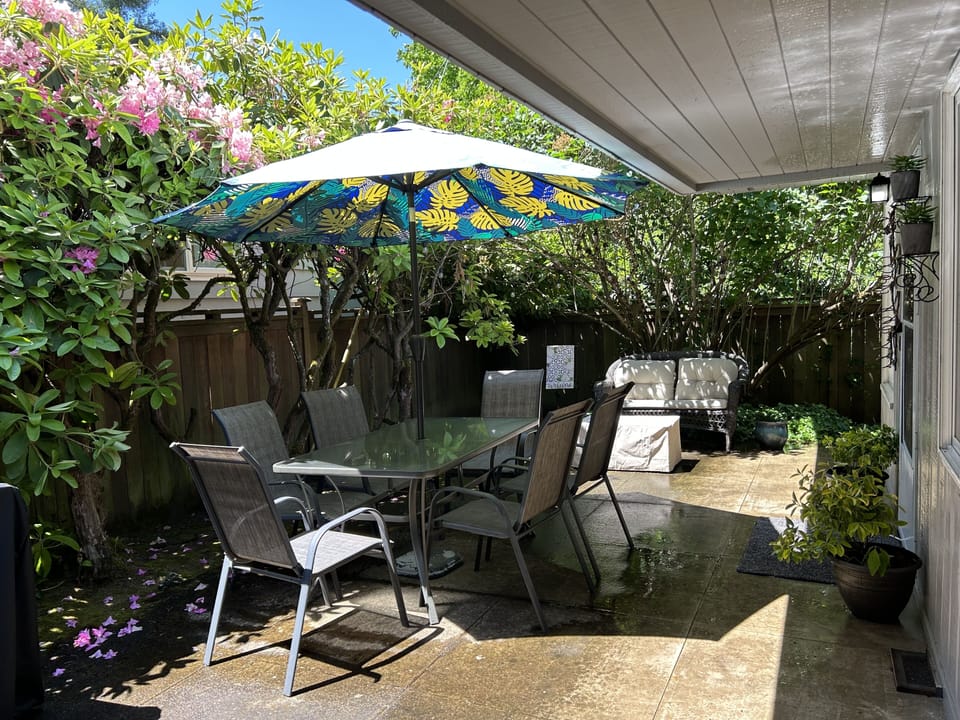 Patio, table, firepit and couch