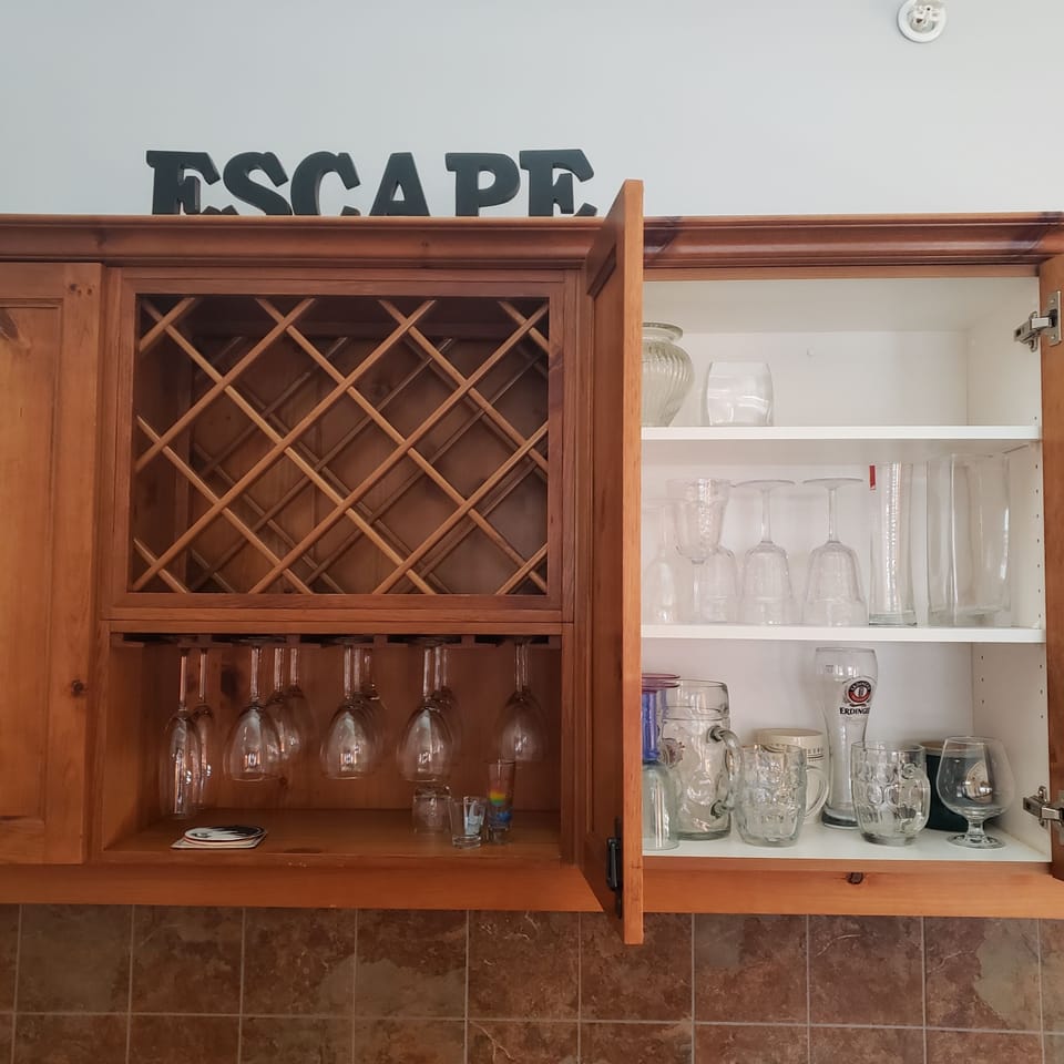 Bar area additional storage for food and wine glasses, plastic glasses