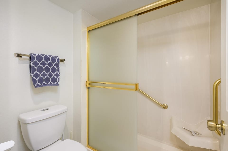 Walkin shower with safety bars.