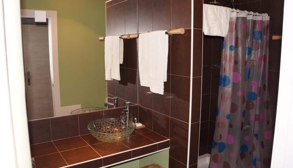 Shower, designer toiletries, hair dryer, towels