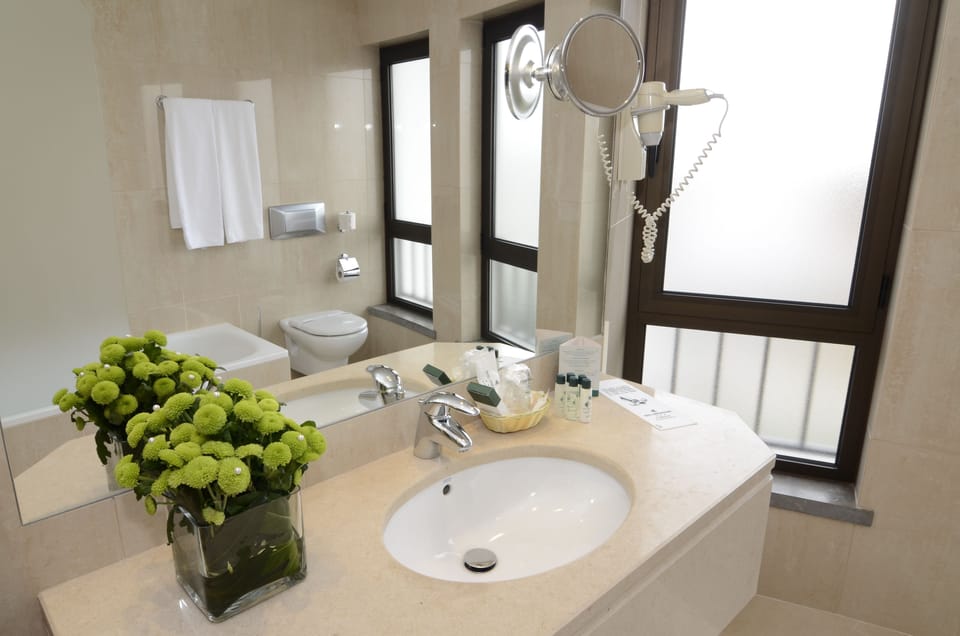 Combined shower/tub, deep soaking tub, free toiletries, hair dryer