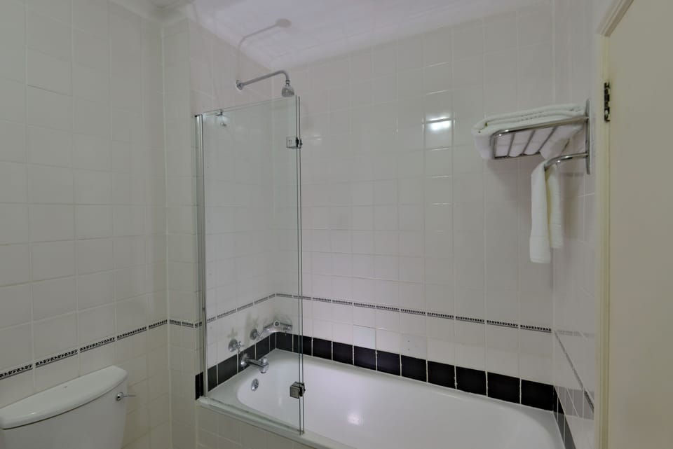 Shower, designer toiletries, hair dryer, towels
