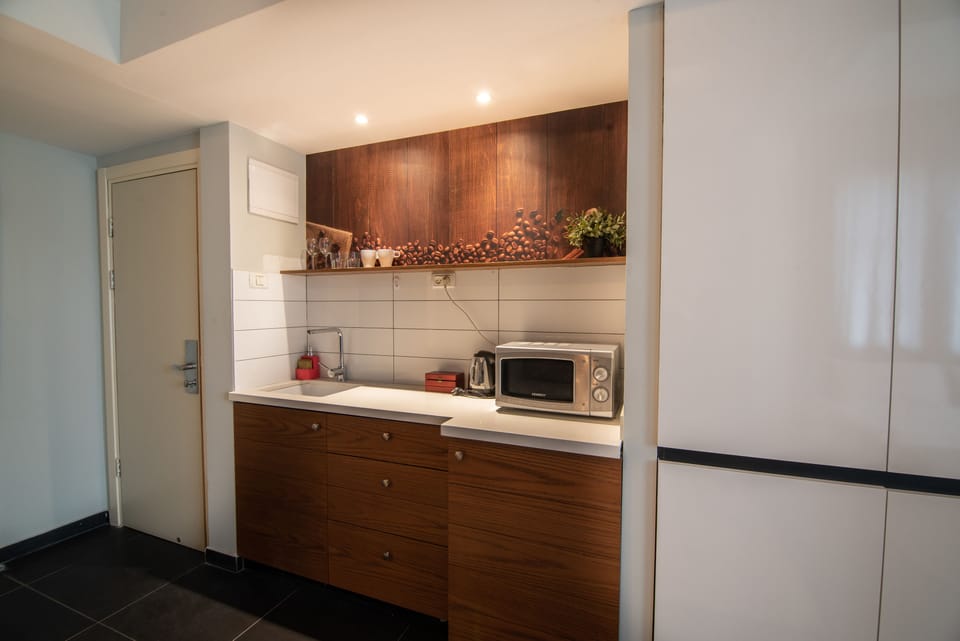 Full-size fridge, electric kettle