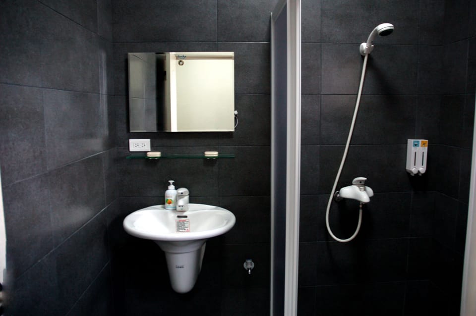 Shower, hydromassage showerhead, free toiletries, hair dryer