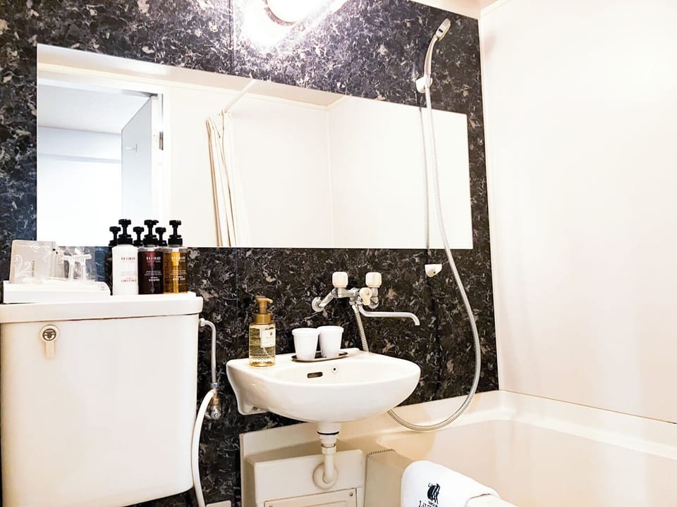 Combined shower/tub, free toiletries, hair dryer, slippers