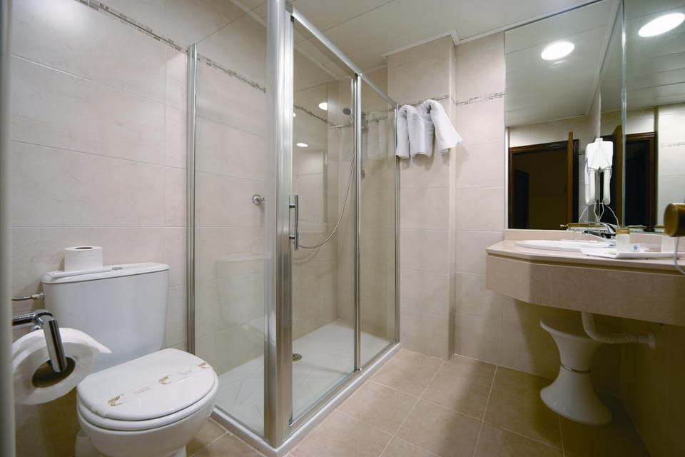 Combined shower/tub, free toiletries, hair dryer, bidet