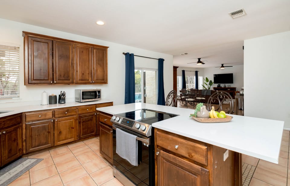 Kitchen peering into the living space