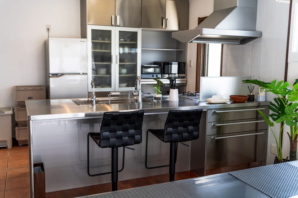 Fridge, microwave, electric kettle, toaster