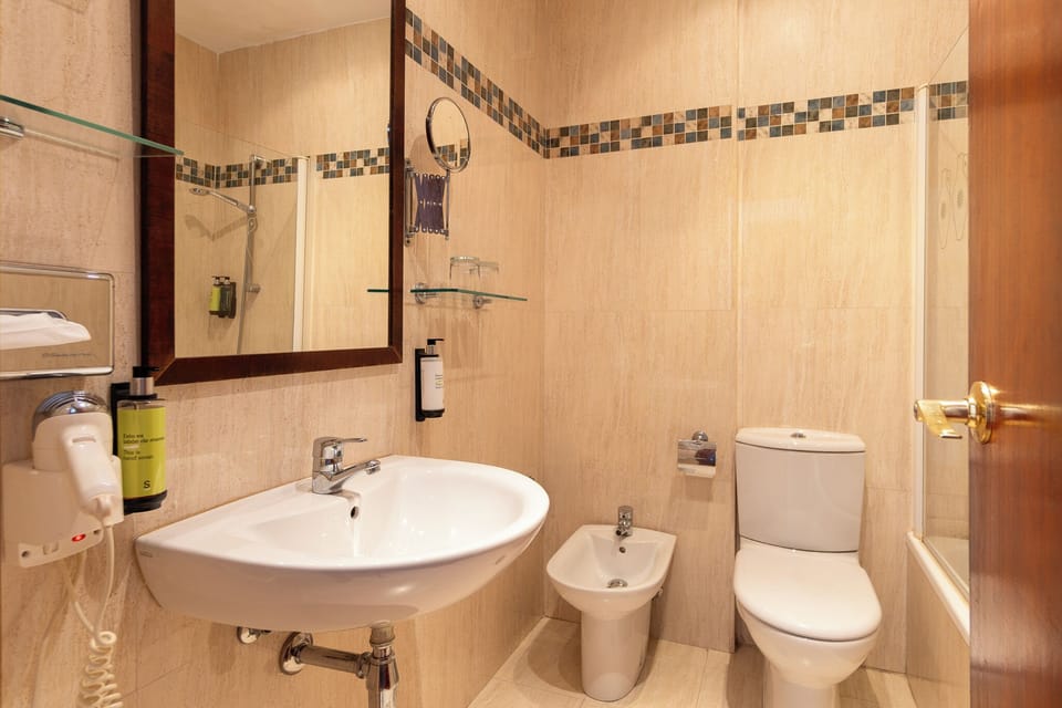 Bathtub, hair dryer, bidet, towels