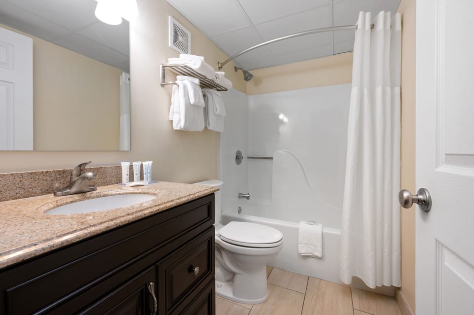 Combined shower/tub, free toiletries, hair dryer, towels