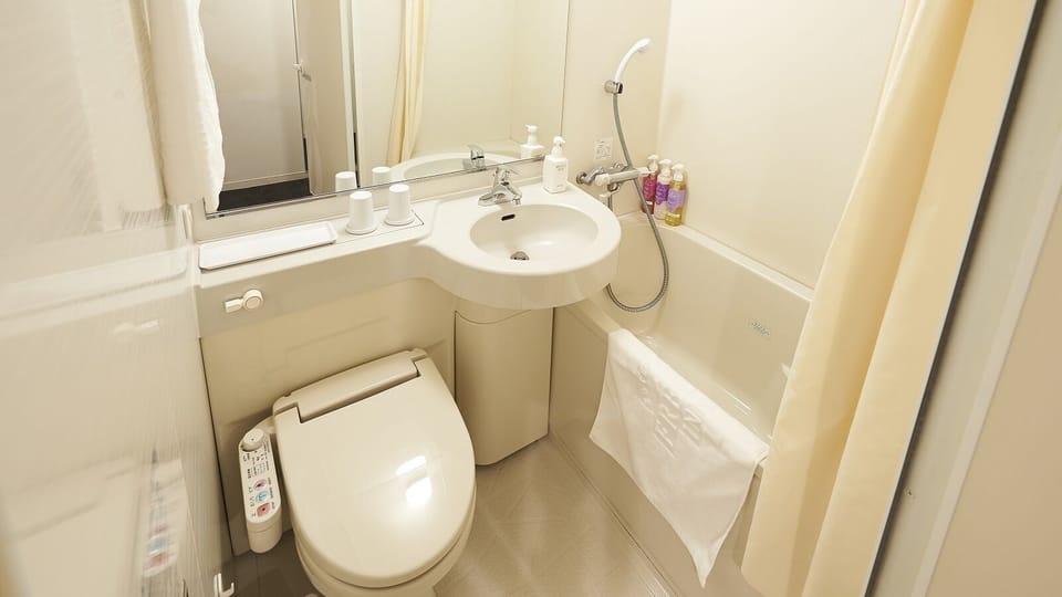 Combined shower/tub, hair dryer, slippers, electronic bidet