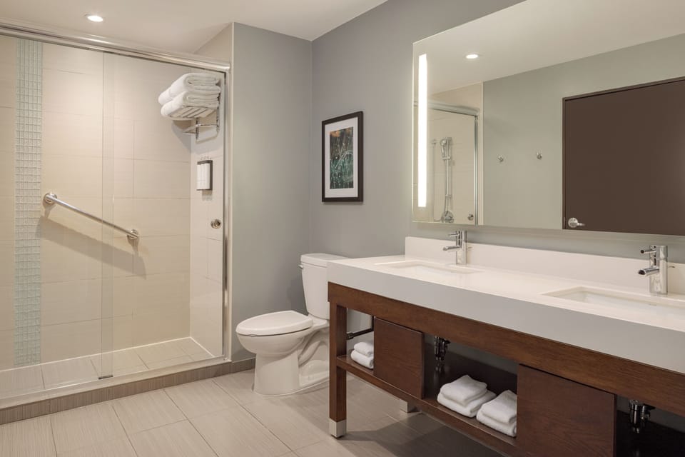 Designer toiletries, hair dryer, towels