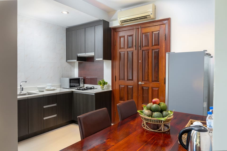 Fridge, dining tables
