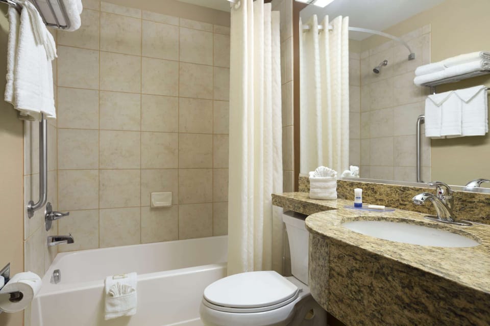 Combined shower/tub, free toiletries, hair dryer, towels