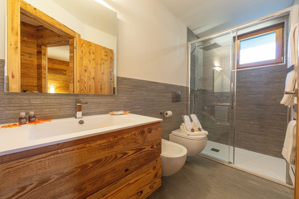 Family Apartment, 1 Bedroom, Microwave (Marlies Ski in - Ski out 50m) | Bathroom | Shower, rainfall showerhead, bidet, towels