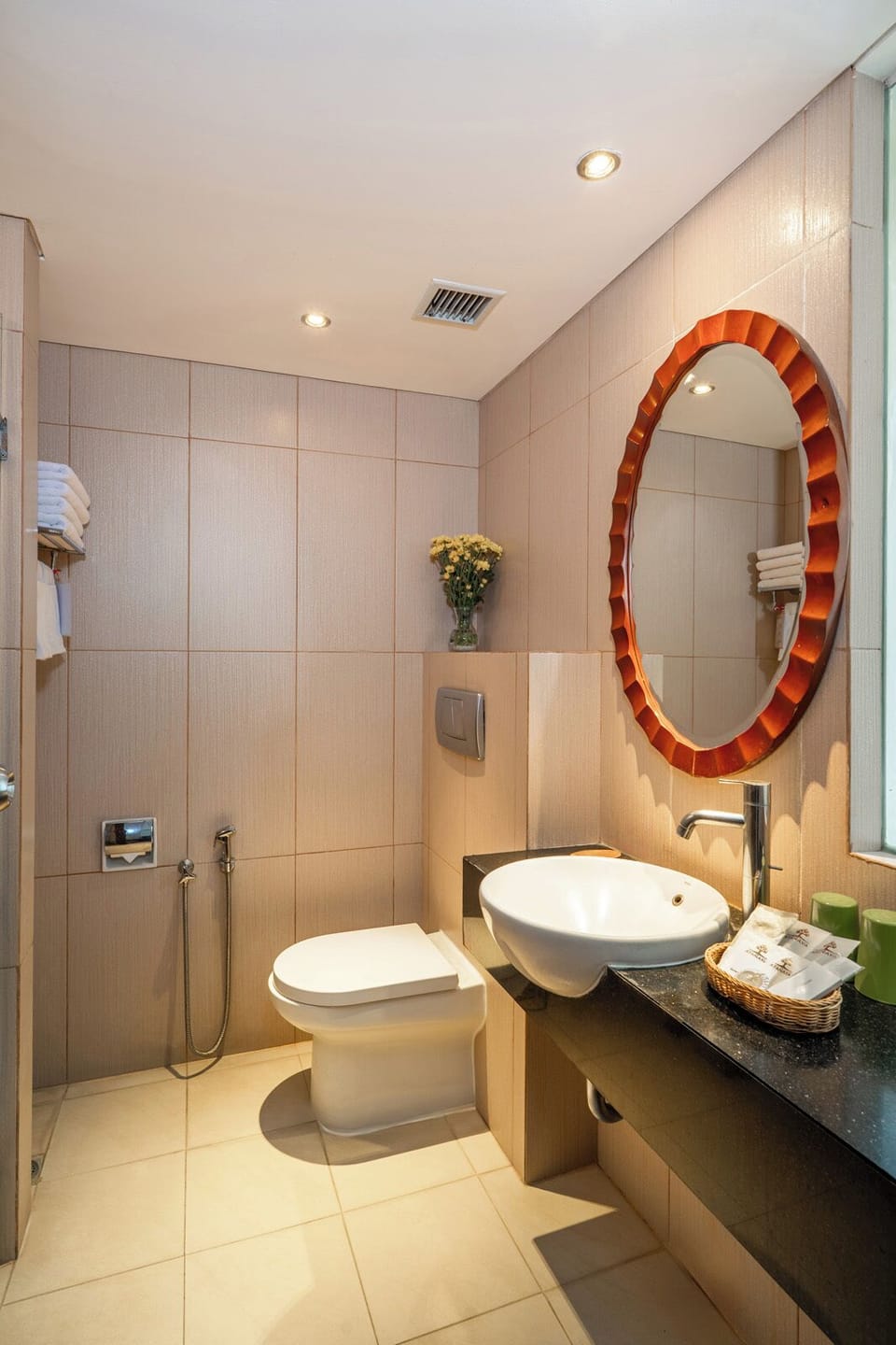 Shower, free toiletries, hair dryer, slippers